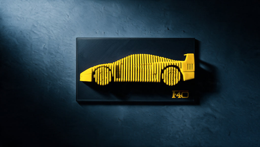 Ferrari F40 layered display, wall relief, Giallo Modena